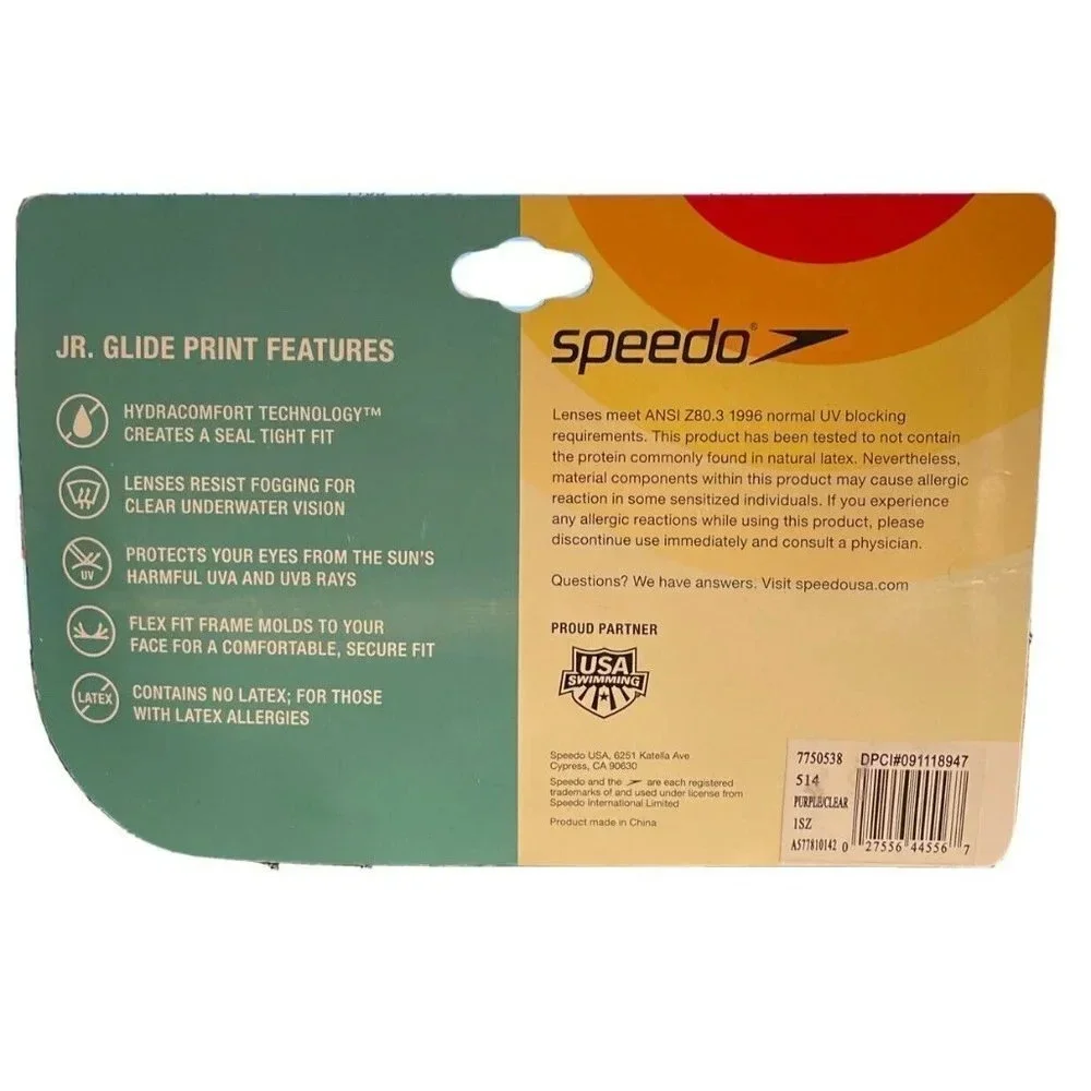 Speedo Swimming JR. Glide Print Purple‎ Stars Goggles Ages Junior 6-14 NEW